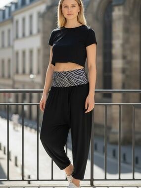 NWT Women's Zebra Waistband Black/Silver Waistband Harem Pant